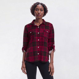 Womens New York Laundry Roll Tab Sleeve Plaid Button Front Blouse