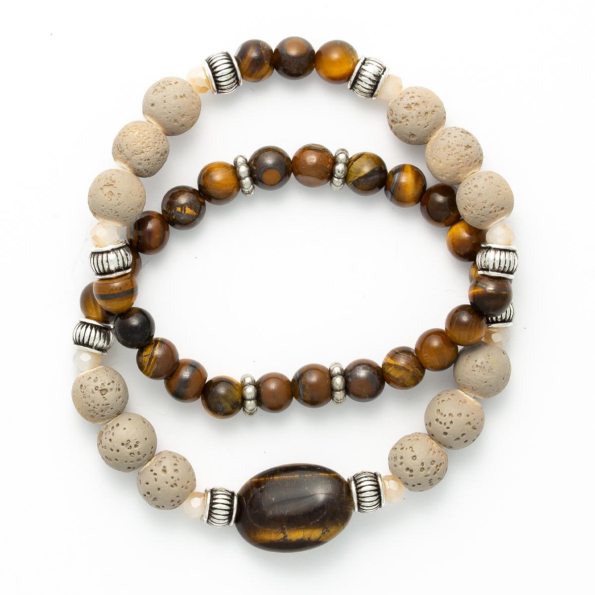Tiger Eye & Ivory Lava Beaded 2pc. Stretch Bracelet Set