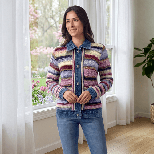 Womens Nanette Lepore Long Sleeve Stripe Denim Trim Cardigan