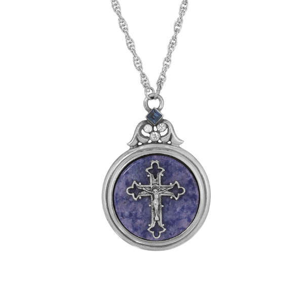 Symbols of Faith Silver Tone Round Sodalite Cross Necklace