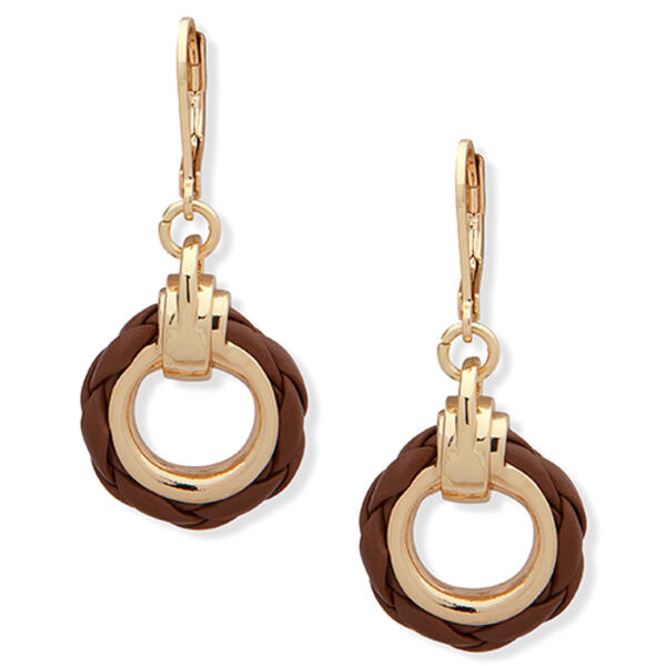 Chaps Gold-Tone & Brown Leather Drop Earrings - image 