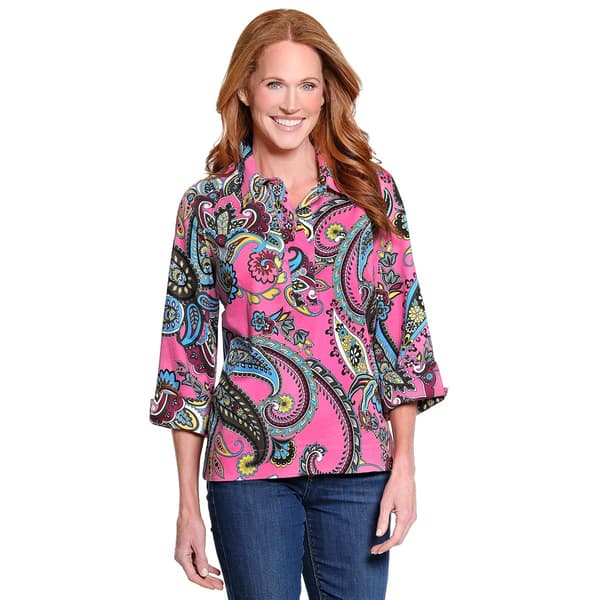 Womens Ali Miles 3/4 Cuff Sleeve Bright Paisley Blouse - image 