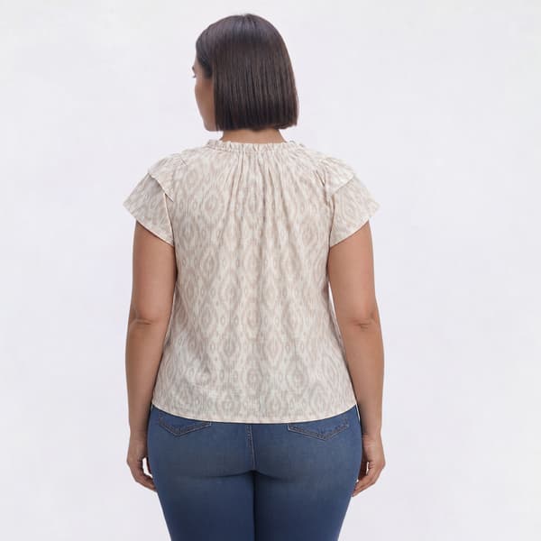 Plus Size Absolutely Famous Short Sleeve Ruffle Neck Ikat Blouse