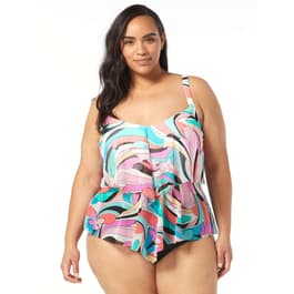 Plus Size Beach House Scroll Pattern Portia Tankini Swim Top