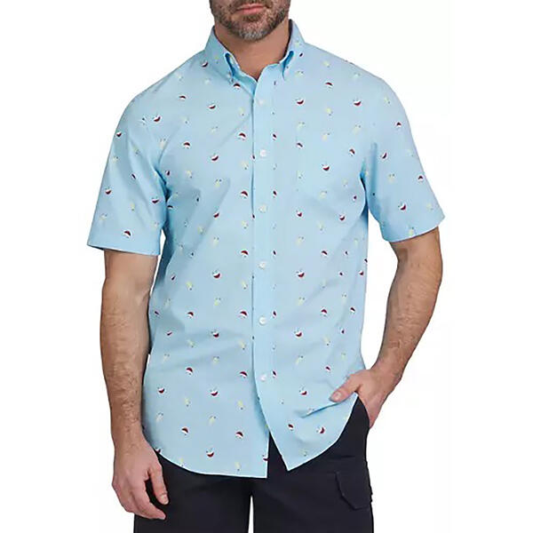 Mens Chaps Short Sleeve Drinks Print Stretch Button Down Shirt - image 