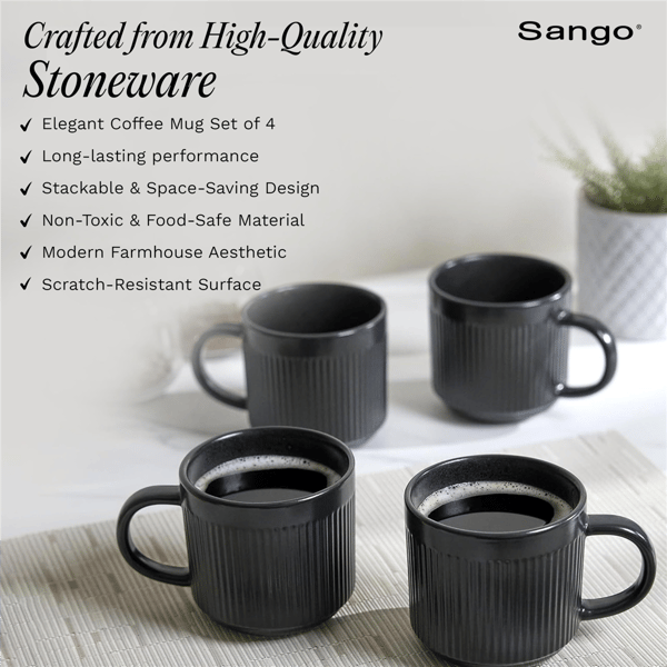 Sango Anderson Black Ceramic 16.5oz.Coffee Mugs - Set of 4