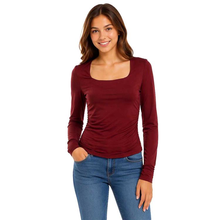 Juniors Love Tree Long Sleeve Scoop Neck Ruched Tee