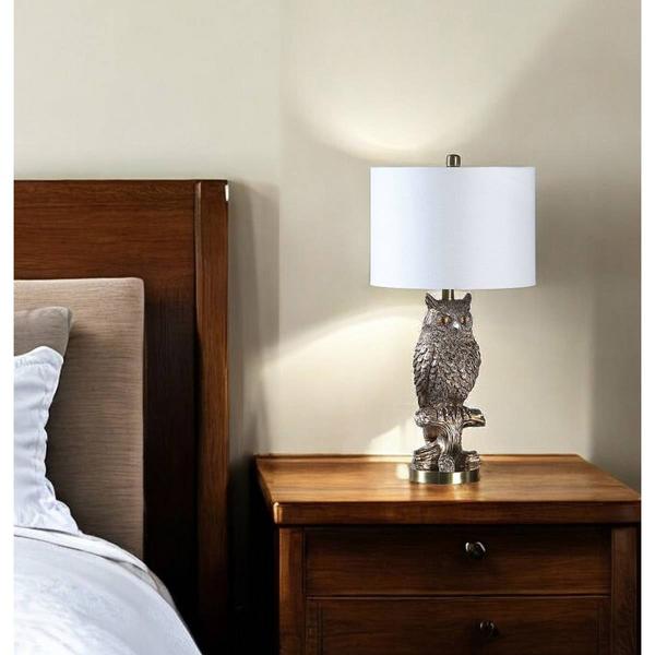 HomeRoots 28in. Antiqued Silver Resin Owl Table Lamp