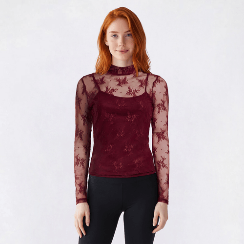 Juniors No Comment Long Sleeve Lace Mock Neck Top