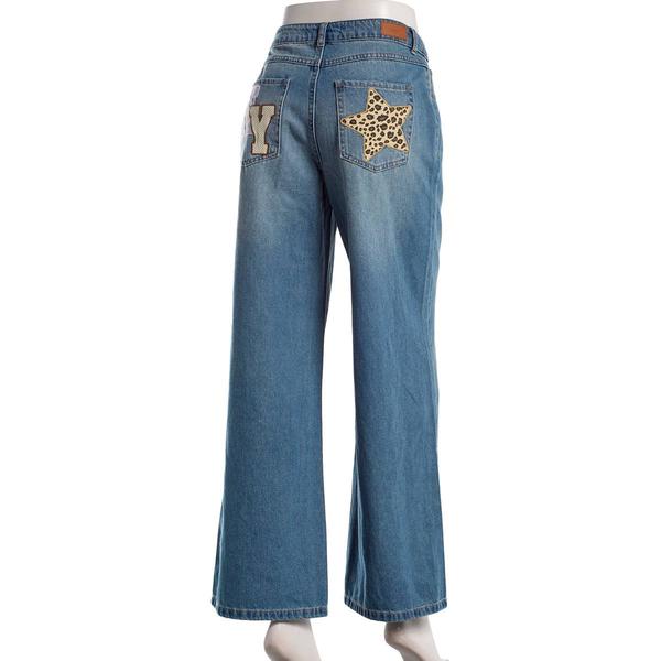 Juniors No Comment Mid Rise Wide Leg Back Pocket Patch Jeans