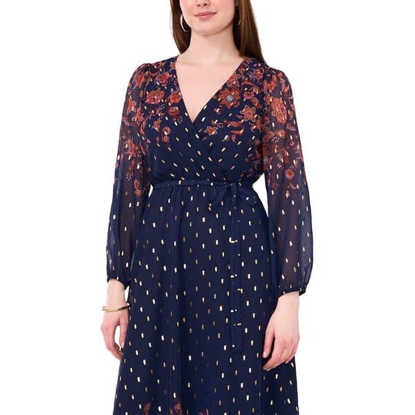 Womens MSK Long Sleeve Foil Chiffon V-Neck Fit & Flare Dress