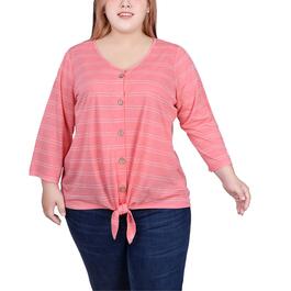 Plus Size NY Collection 3/4 Sleeve Tie Front Striped Tee