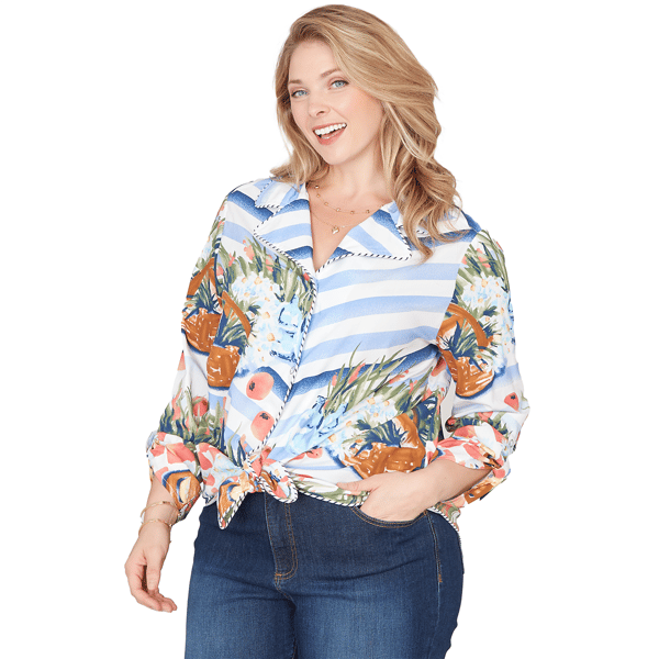 Plus Size Ruby Rd. Set Sail Picnic Scene Knot Front Blouse