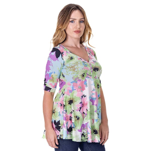 Womens 24/7 Comfort Apparel Floral Elbow Sleeve V-Neck Top