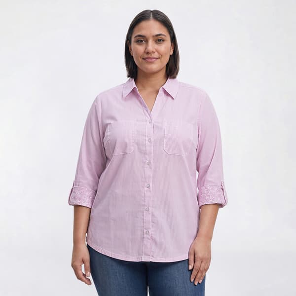 Plus Size Emily Daniels 3/4 Roll Tab Sleeve Stripe Button Down - image 