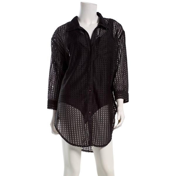 Womens Raviya Solid Long Sleeve Split Neck Swim Cover Up - image 