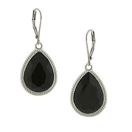 1928 Silver-Tone Black Pear Shape Drop Earrings