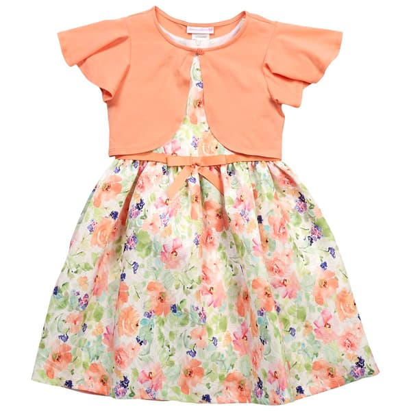 Girls (7-16) Bonnie Jean Floral Short Sleeve Dress W/Cardigan