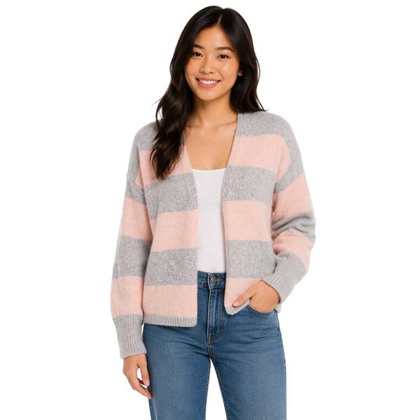 Juniors Pink Rose Drop Shoulder Open Front Cardigan- Stripes - image 