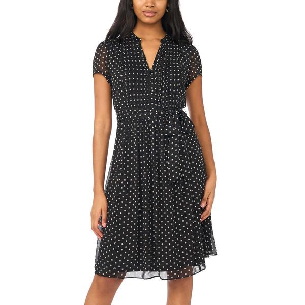 Womens MSK Short Sleeve Dot Chiffon Pintuck A-Line Dress