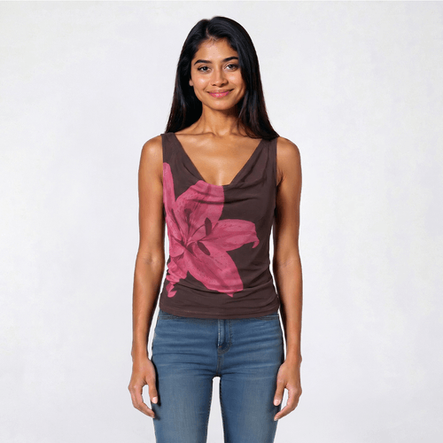 Juniors Pink Rose Mesh Floral Placement Drape Neck Tank Top - image 