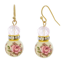 1928 Gold-Tone Multifaceted Rose Decal Beaded Crystal Earrings