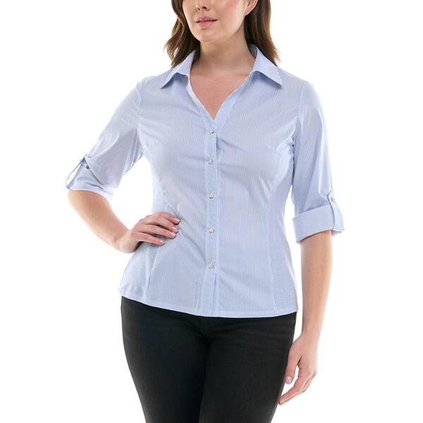 Womens Zac & Rachel Chambray Stripe Knit To Fit Blouse - image 
