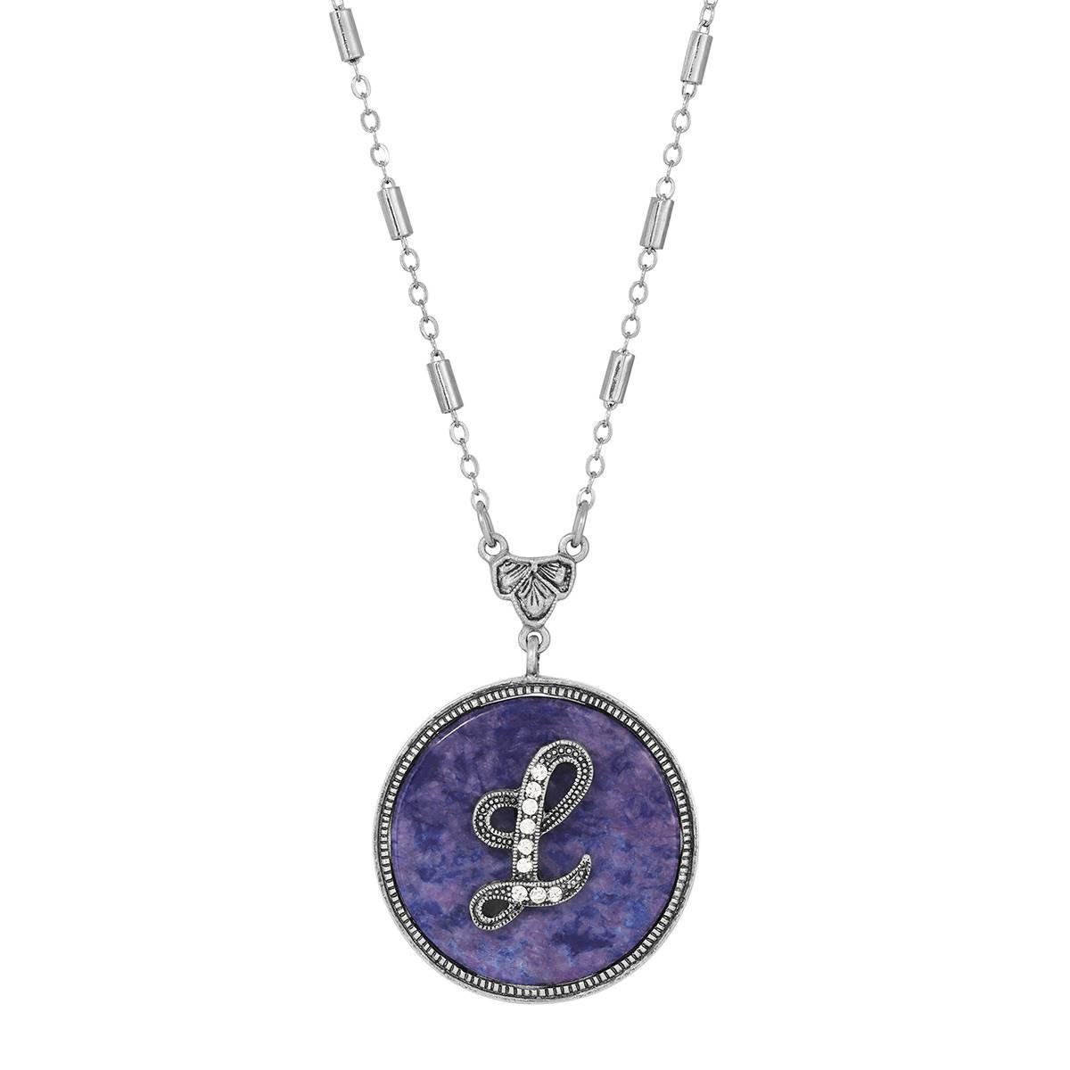 1928 Silver Tone L Initial Sodalite Pendant Necklace