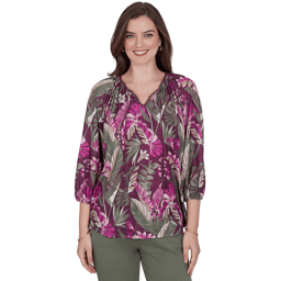 Womens Ruby Rd. Sedona Escape Tropical Tassel Neck Blouse