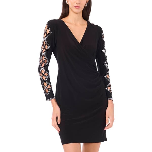 Womens MSK Cutout Long Sleeve Rhinestone Surplice A-Line Dress