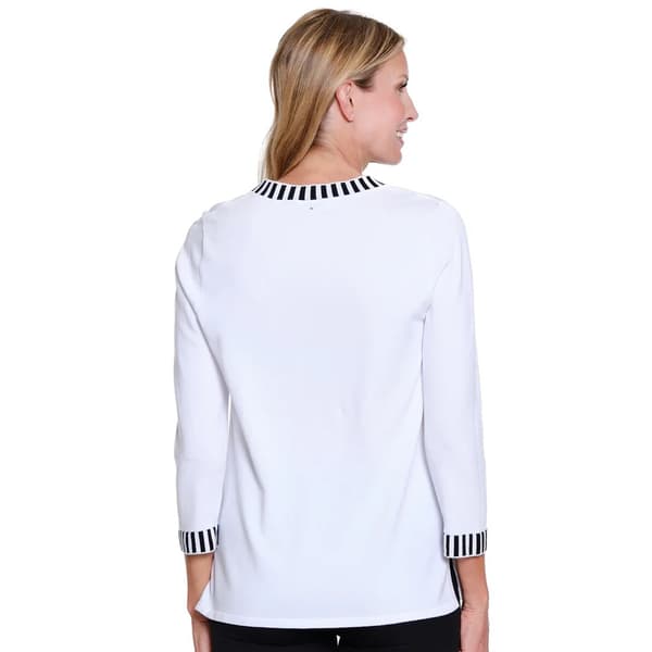 Womens Multiples 3/4 Sleeve Stripe Trim V Neck Sweater