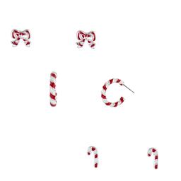 Silver-Tone Set of 3 Bow/Candy Cane/Hoop Earrings