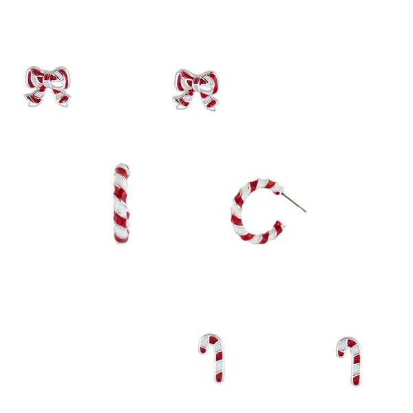 Silver-Tone Set of 3 Bow/Candy Cane/Hoop Earrings - image 