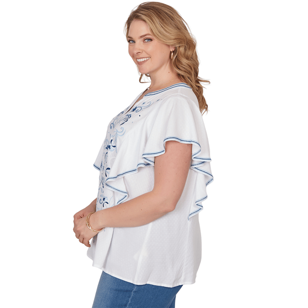 Plus Size Ruby Rd. French Riviera Ruffle Sleeve Embroidery Blouse