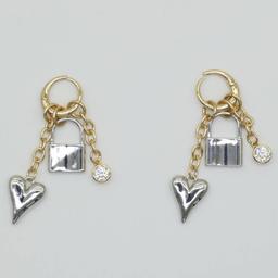 Ashley Two-Tone Lock & Heart Charm Dangle Hoop Earrings