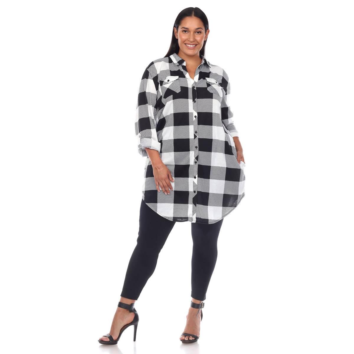 Plus Size White Mark Long Sleeve Roll Cuff Plaid Shirt Dress
