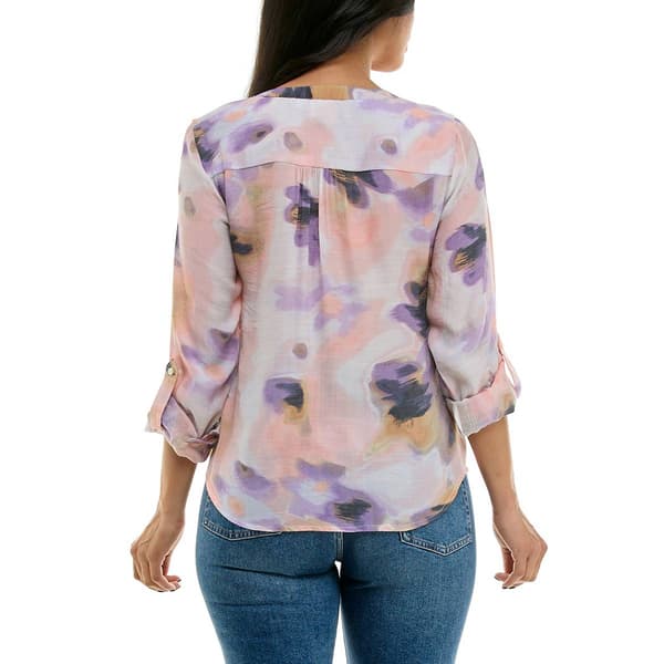 Petite Zac & Rachel 3/4 Roll Tab Sleeve Tie Front Abstract Blouse