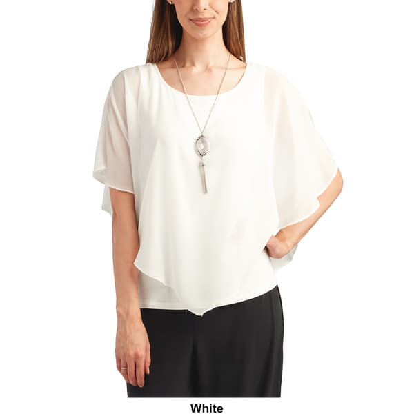 Plus Size  AGB Solid Chiffon Popover Blouse with Necklace