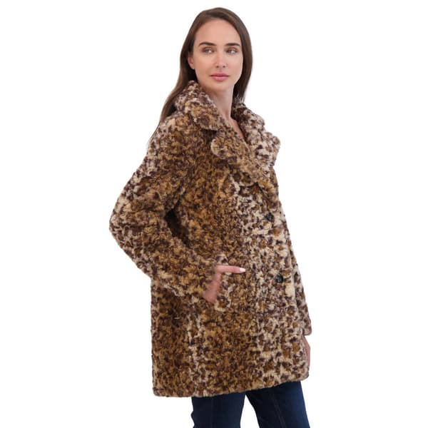 Womens Sebby Crushed Faux Fur Coat w/Notch Collar - Leopard