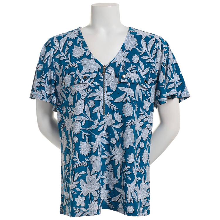 Plus Size Emily Daniels Short Sleeve Disco Foil Floral V-Neck Top