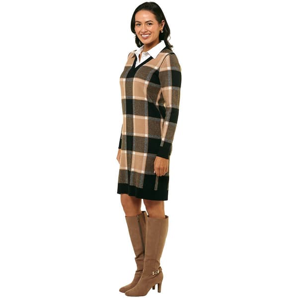 Womens Ninety Clothing Long Sleeve Plaid Sweater Dress
