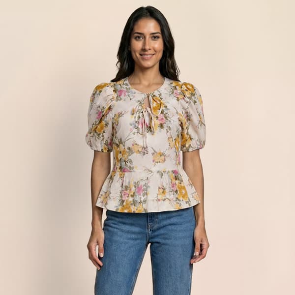 Womens Cece Short Sleeve Double Tie Front Floral Blouse