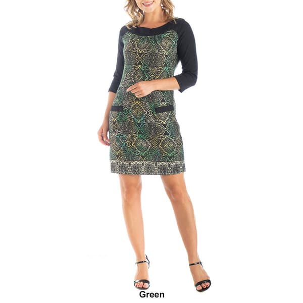 Womens 24/7 Comfort Apparel 3/4 Sleeve Medallion Shift Dress