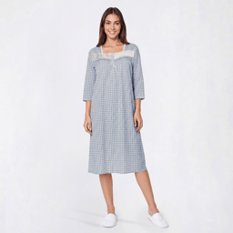 Plus Size Sophia 3/4 Sleeve Plaid Lace Trim Henley Nightgown