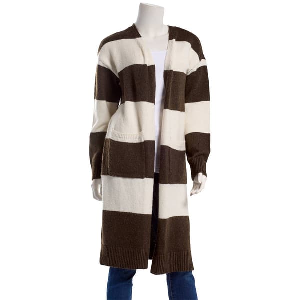 Juniors No Comment Wide Stripe Open Duster Cardigan w/ Pockets - image 