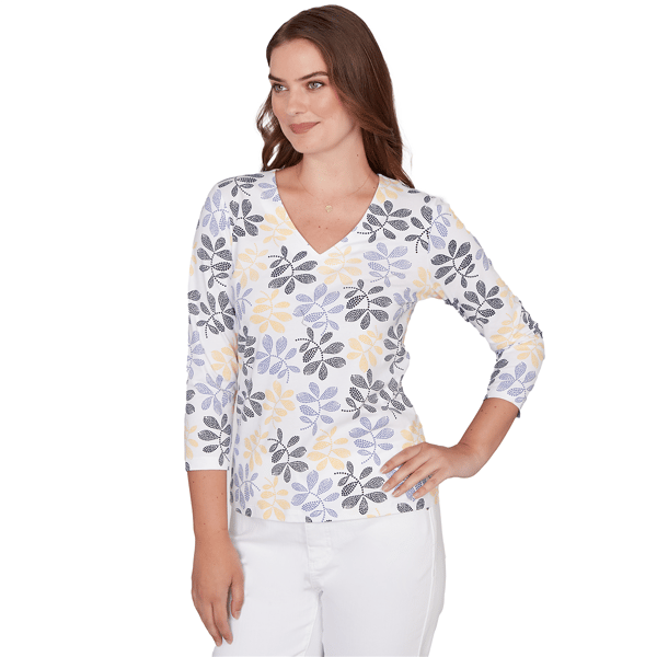 Petite Hearts of Palm Printed Essentials Leaf V Neck Blouse