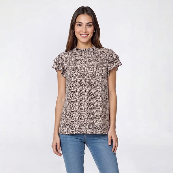 Womens Adrianna Papell Flutter Sleeve Ruffle Neck Cheetah Blouse - image 