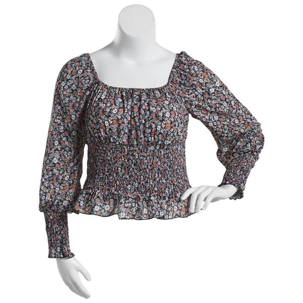 Juniors Plus No Comment Wool Dobby Square Neck Floral Peasant Top