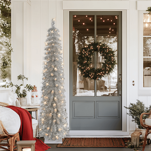 Puleo International 6ft. Pre-Lit Alpine Silver Pencil Tree