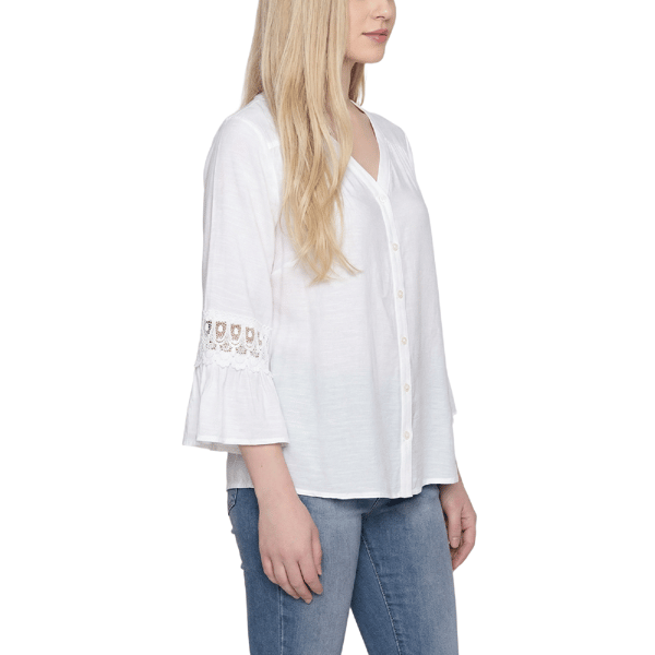 Petite NY Collection 3/4 Bell Sleeve V Neck Button Front Blouse